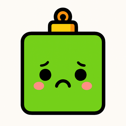 a sad perfectly square bright green Christmas decoration with cute happyy face. Cartoon style. Cute art style. Simple vector style. No Shadows.
In-Game asset.  2d.  High contrast.  No shadows