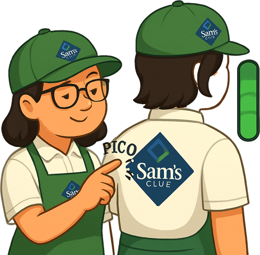 Ambos deberan ser trabajadores de sams club, gorra verde con el logo, la chica de la izqueirda debera usar lentes, polo blanca, mandil verde con el logo del trabajo.
EL chico de la derecha, pelo negro un poco alrgo, gorra igual verde y el amndil.

Igual el de la derecha usara playera de polo blanca.

Y al ededor de la mano que esta tocando deberia decir PICO PICO, COMO SI FUERA UN EFECTO DE SONIDO AL TOCARLO