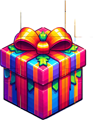 gift wrapped box, bright colours. with bow on top Single Game Texture. In-Game asset. 2d. Blank background. High contrast. No shadows. Single Game Texture.