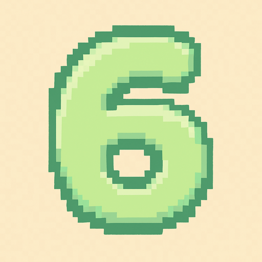 A pixel art number "6" designed for a cozy, cute retro 2D game UI with a bird theme. The number is rendered in soft pastel light green tones to harmonize with the gentle and sweet aesthetic of the game. It has a clean, simple, and rounded pixel style with no harsh edges, fitting perfectly within the pixel art UI style. The number is bold and easily readable at small sizes..
In-Game asset.  2d.  High contrast.  No shadows. pixel art. retro. 2d ui. number. pastel light green. simple. rounded edges. bold. cute. minimal
