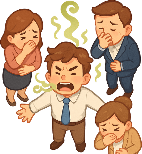 An office worker with extremely bad breath. People getting close get sick.. Full body viewed from the above. Cute soft graphics. soft ambient light. semi-matte to satin surfaces. naturalistic with slight saturation boost colors. Tone is premium, friendly, clean with lifestyle or service-oriented appeal.
In-Game asset.  2d.  High contrast.  No shadows. top down. View from above.