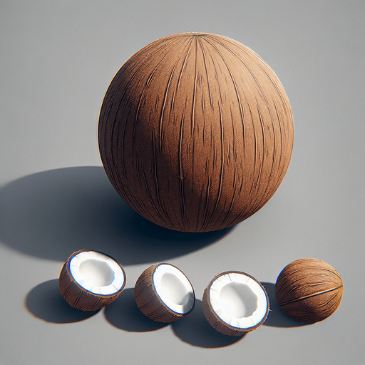 A coconut and a few pieces of coconut.
Single Game Texture. In-Game asset. 2d. Blank background. High contrast. No shadows.