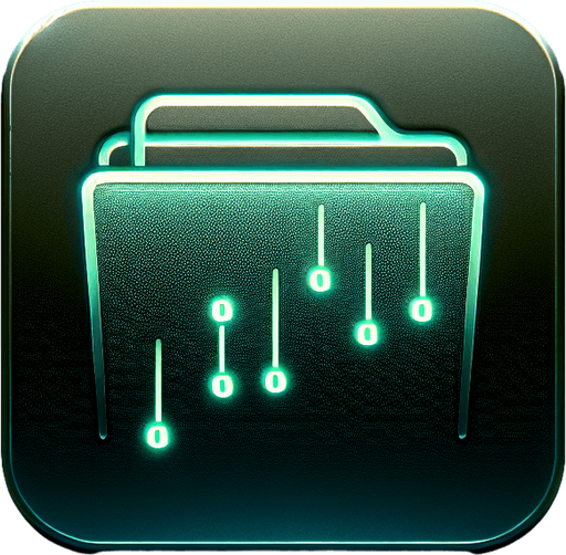 A square folder icon with rounded edges, designed to represent a storage app for binary files. The folder graphic in the center is smooth and minimalistic, featuring faint, glowing neon accents in matrix green to suggest a post-apocalyptic and tech-savvy theme. Subtle rows of binary digits ('0' and '1') are faintly integrated into the folder's surface, blending seamlessly with the design. The background is a clean gradient transitioning from dark grey to soft teal, evoking a sense of advanced technology and digital precision. The overall appearance is sleek, professional, and minimalistic, making it suitable as a 2D game asset with a blank, high-contrast background and no shadows.