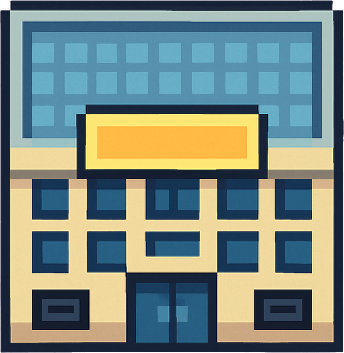 Commercial building 2d pixilated topdown.
In-Game asset.  2d.  High contrast.  No shadows