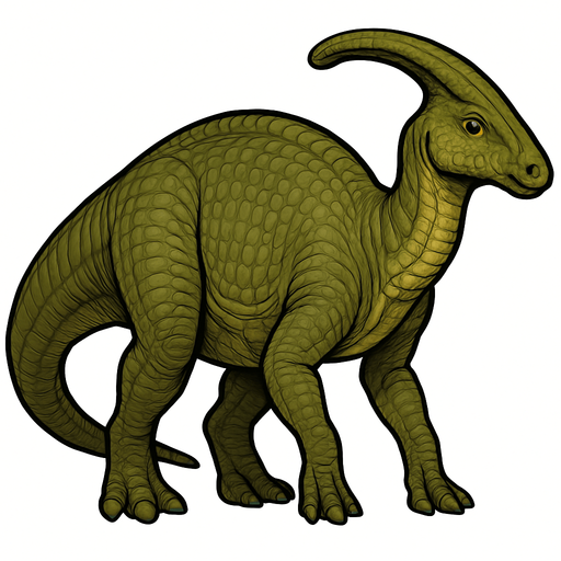 A large Parasaurolophus dinosaur with smooth, greenish-brown scaly skin. It has a long, curved cranial crest extending from the back of its head. The body is bulky with thick legs and a long tail. The skin shows detailed scales with subtle shading and wrinkles. The head has gentle eyes and a broad snout..
In-Game asset.  2d.  High contrast.  No shadows