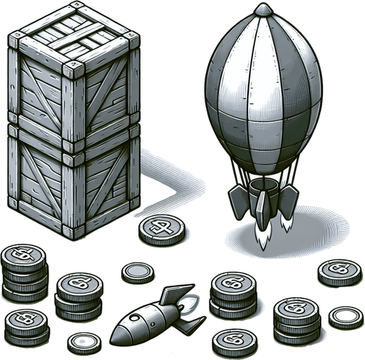 Coins

Rockets


A box attached with hot air balloon.
Single Game Texture. In-Game asset. 2d. Blank background. High contrast. No shadows.