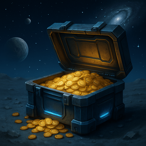 Uzay temalı, içi altın dolu kapağı açık kasa, gerçekçi, 
In-Game asset.  High contrast.  No shadows