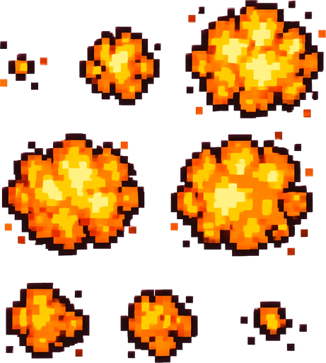 Раскадровка пиксельного взрыва с видом с верху без фона.
In-Game asset.  2d.  High contrast.  No shadows