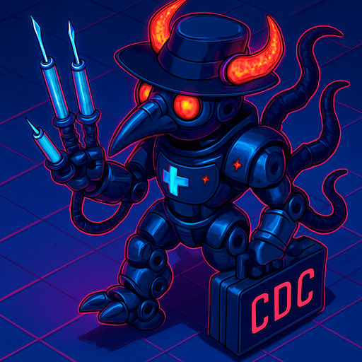 Neon cyberpunk anime top down isometric animatronic plague doctor cyborg demon medic CDC corporate robot monster disease pestilence medicine syringes Walking