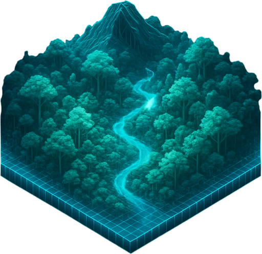 Top down isometric cyberpunk simulation hologram grid projection forest biome, wilderness dense foliage wild rainforest mountain river
