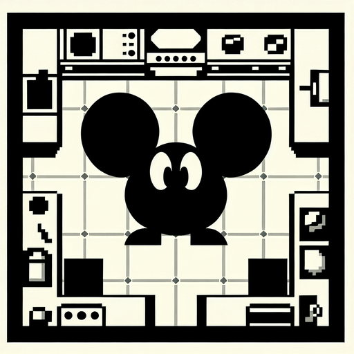 top-down view, videogame kitchen mickey mouse 
character, 90s style sticker, flat, no perspective, silhouette,  black and white, cartoon, fun, simple,.
Single Game Texture. In-Game asset. 2d. Blank background. High contrast. No shadows.