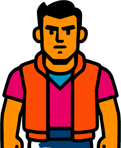 male character facing the screen.
In-Game asset.  2d.  High contrast.  No shadows