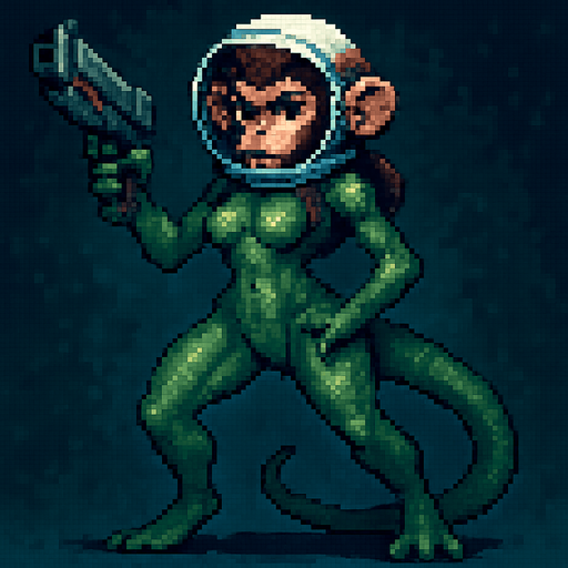 pixelated style very sexy horror space monkey fighter character. Her sexy body looks lizard.  In-game asset. Full picture of character.
In-Game asset.  2d