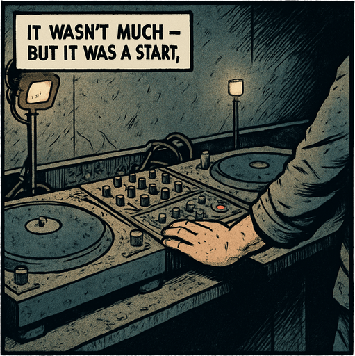 A comic panel styled like a square photo print with a clean white border. Realistic comic art. Scene: A dusty DJ booth, some lights flickering, the equipment old but intact. Noah places his hand on the mixer with a hint of reverence. Narrator box at the top reads: “It wasn’t much — but it was a start.”.
In-Game asset.  2d.  High contrast.  No shadows