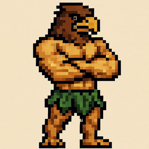 Aguila real furry fuerte cruzando los brazos sin camisa y gran pectoral con un taparrabos de hojas pixeleado todo el cuerpo.
In-Game asset.  2d.  High contrast.  No shadows