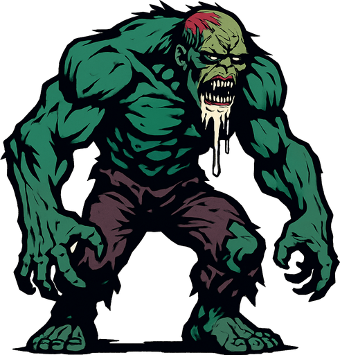 bana büyük bir zombi yap ama yine ağızında salyalar olsun dağınık olsun ve güçlü dursun.
In-Game asset.  2d.  High contrast.  No shadows