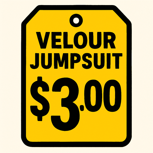 Price tag that says velour jumpsuit $3.00.
In-Game asset.  2d.  High contrast.  No shadows