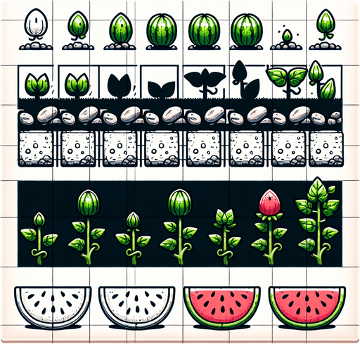 A spritesheet showing a watermelon plant in various stages of germantion, from seed over sapling and to full grown plant, and then the ripe watemelon. The sprites should be laid out in a rectangular grid with blank space between them.. Single Game Texture. In-Game asset. 2d. Blank background. High contrast. No shadows..
Single Game Texture. In-Game asset. 2d. Blank background. High contrast. No shadows.