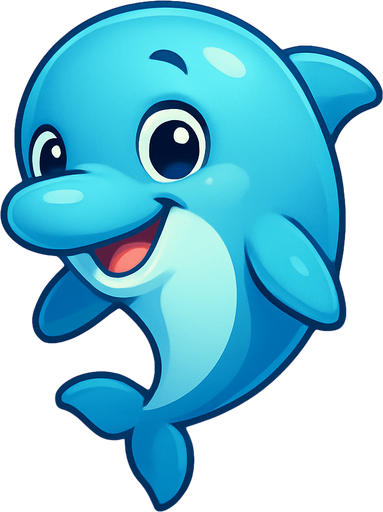 A cute cartoon-style dolphin character designed for a mobile game. Smooth, shiny skin, big round eyes full of curiosity, a friendly smile, and a playful pose as if leaping or floating in water. Light blue or aqua color with soft highlights, small flippers, and a sleek body. Joyful and approachable expression. Simple, colorful underwater background with bubbles and coral. High-quality digital illustration, perfect for a kids game..
In-Game asset.  2d.  High contrast.  No shadows. cartoon style