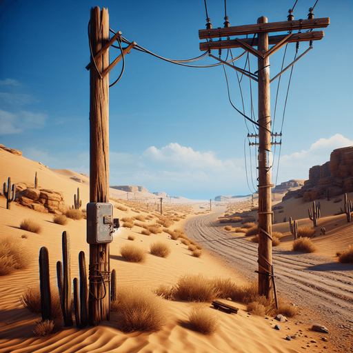 wooden electric pole on a desert road.
video game style