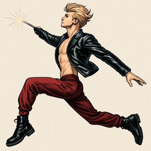 Swishy graceful man opposite arm and leg in front Cyberpunk manga, side profile view jumping pushing off the ground one leg extended one knee raises arms at sides loookkng skyward torpedo magic launching leap jump, shiny black leather biker jacket longsleeves shirtless Skinny abs blonde pompadour guy, wine red joggers combat boots, Background removed, "Full-body character, entirely in frame, no cropping of face, head, or feet" "Complete character visible, from head to toe, fully centered in the image" "Entire character, including face and boots, fully within the frame" Character fully contained within a square frame, no edges cut off fashion model idle pose