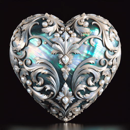 Large precious heart in mother-of-pearl, lightly ornate.
Front view.