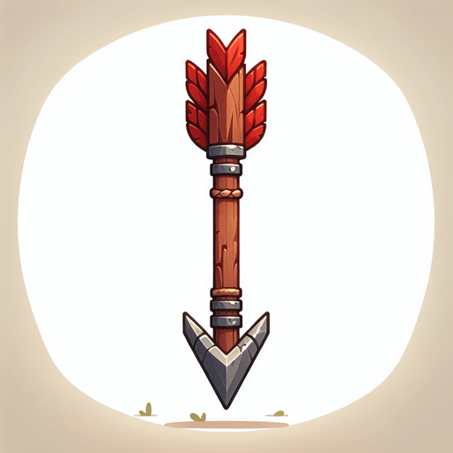 a wooden arrow with red feathers and a metal arrow head. Completely vertical orientation. Cartoon.
Single Game Texture.  In-Game asset.  2d.  Blank background.  High contrast.  No shadows