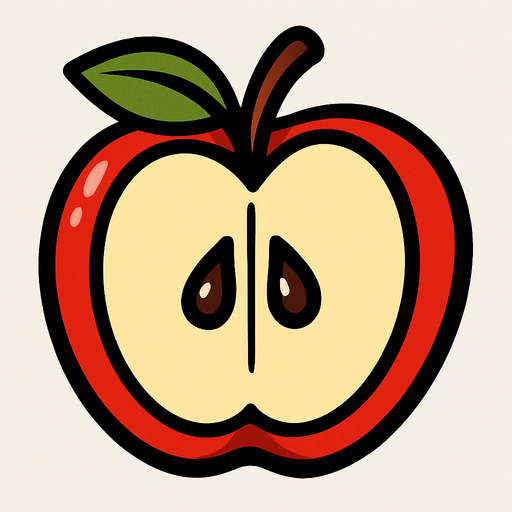 Manzana Fruta cortada a la mitad.
In-Game asset.  2d.  High contrast.  No shadows. Cartoon.