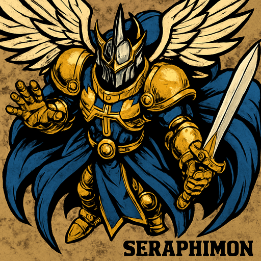 Seraphimon, visto desde arriba, calidad y detalles altamente épicos, Digimon.
In-Game asset.  2d.  High contrast.  No shadows