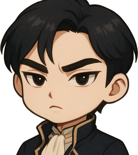 Without glasses, make him in cartoon chibi style, retains her refined key facial features such as her feline eyes, arched eyebrows, mature and elegant expression like a handsome prince with an intense look