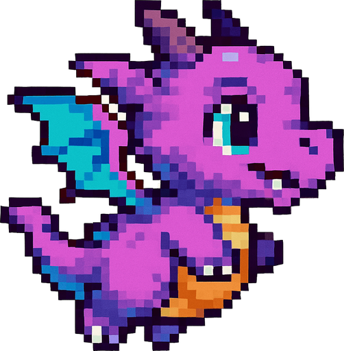 A pixel art baby dragon character designed for a 2D side-scrolling game, viewed from the side. The dragon has small wings, a chubby body, and a cute cartoonish face. It has small horns, a short tail, and colorful scales—shades of purple and teal. The dragon is in a flying pose, flapping its wings. Its eyes are big and expressive, and it has tiny fangs showing. The overall design is playful and fantasy-inspired, while still fitting a retro arcade pixel style..
In-Game asset.  2d.  High contrast.  No shadows. pixel art. side view. game character. baby dragon. cute. fantasy. retro style