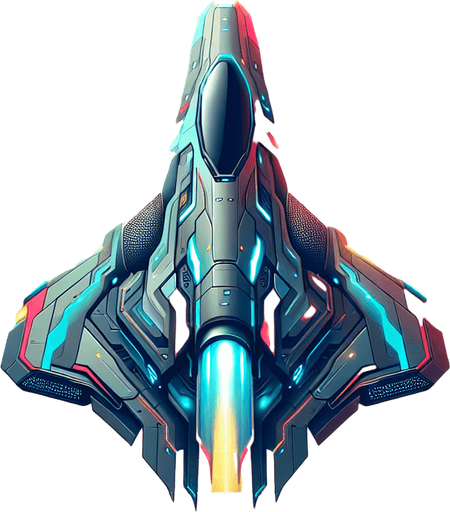 Hero Space Ship facing upwards.
2D art, game texture, blank background. Sprite sheet asset.
Design Guideline: The game's style is bright, high-quality vector graphics with sharp, clean lines and a modern aesthetic. Colors should be vivid and contrast well, emphasizing a futuristic, sleek feel. Textures are minimalistic, focusing on flat surfaces with subtle gradients for depth. Lighting effects are dynamic yet soft, enhancing the vibrancy without overpowering. Assets should look consistent, fitting a coherent, tech-savvy universe. Think 'sophisticated simplicity' for a futuristic, engaging spaceship game.
