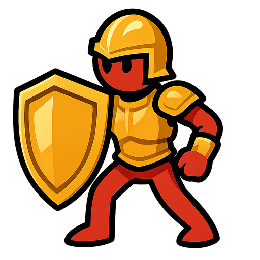 A red stickman with a big golden shield and golden armor.
In-Game asset.  2d.  High contrast.  No shadows