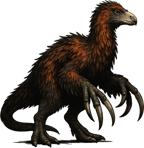 A realistic Therizinosaurus dinosaur covered in long, shaggy feathers with colors blending dark brown, black, and hints of rusty red. The feathers are especially thick on the neck, back, and arms, giving it a bird-like, primal appearance. Its long, powerful arms end in enormous, curved claws that are glossy and sharp. The small head has a beaked mouth and alert yellow eyes. The legs and tail show patches of scaly skin beneath the feather covering. The stance is slightly hunched, emphasizing its unusual shape and intimidating size..
In-Game asset.  2d.  High contrast.  No shadows