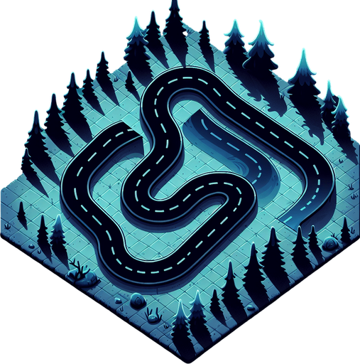 A cartoon spooky night road from above.
Single Game Texture. In-Game asset. 2d. Blank background. High contrast. No shadows.