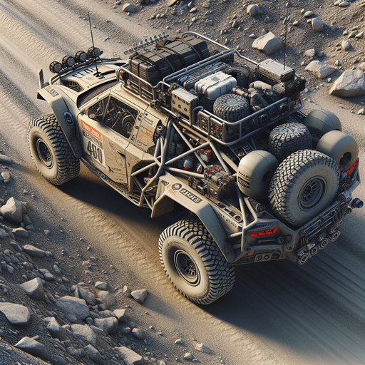 Photorealistic Cross-Country Dakar-Rally-Car from topback view.