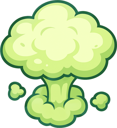Top-down view of a cartoon-style fart cloud shaped like a small nuclear explosion, soft puffy smoke, exaggerated mushroom shape, playful and funny, light greenish tint, stylized for a colorful top-down mobile game, clear outline, transparent background.
In-Game asset.  2d.  High contrast.  No shadows