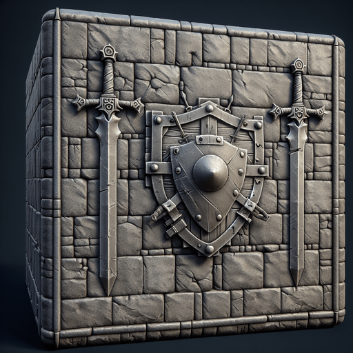 brick wall with shield and swords hanging in the middle of it..
Single Game Texture.  In-Game asset.  2d.  Blank background.  High contrast.  No shadows