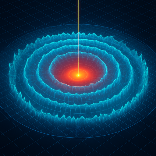 Overhead digital simulation hologram of oceanic meteor impact tsunami wave shockwave radius circle outward crashing neon cyberpunk 3d diagram Translucent projection grid