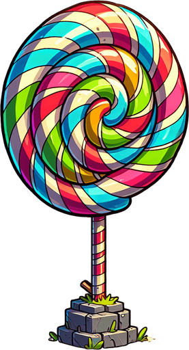 Create a cartoon-style lollipop tower as an obstacle in a helicopter game. The tower should look like a giant stacked swirl lollipop with a stick base, colorful stripes, and a playful vibe. Use bold outlines and a candy theme..
Single Game Texture.  In-Game asset.  2d.  Blank background.  High contrast.  No shadows