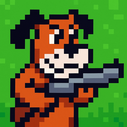 pixart hunting brown dog with black ears and white mouth holding a gun.
In-Game asset.  2d.  High contrast.  No shadows