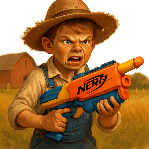 Make a farm boy with a nerf gun also make him very angry