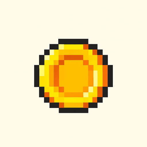 A cool coin like 16 by 16 pixelated character no background shadows and highlights.
In-Game asset.  2d.  High contrast.  No shadows. 2d pixelated in game asset