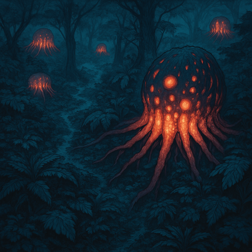 Top down isometric Cyberpunk forest thick foliage woods, anime Akira-nausicaa inspired, background scene, large sci-fi horror bioluminescent glowing alien flora