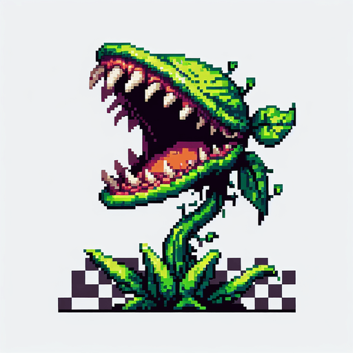 Head of a carnivorous plant, mouth open at top, pixel art
Single Game Texture. In-Game asset. 2d. Blank background. High contrast. No shadows.