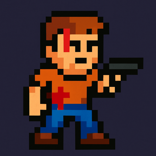 16x16 pixel wounded guy holding pistol.
In-Game asset.  2d.  High contrast.  No shadows. pixel art. retro arcade game