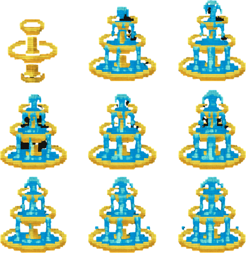 A sprite sheet for a small standing tiered fountain. Sprites for water animation and one with no water. Retro pixel art..
In-Game asset.  2d.  High contrast.  No shadows