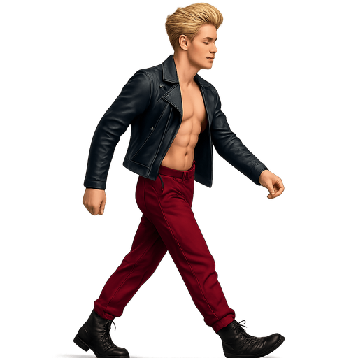 Same pose profile view walking animation, shiny black leather biker jacket longsleeves shirtless Skinny abs blonde pompadour guy, wine red joggers combat boots, Background removed, "Full-body character, entirely in frame, no cropping of face, head, or feet" "Complete character visible, from head to toe, fully centered in the image" "Entire character, including face and boots, fully within the frame" Character fully contained within a square frame, no edges cut off fashion model idle pose