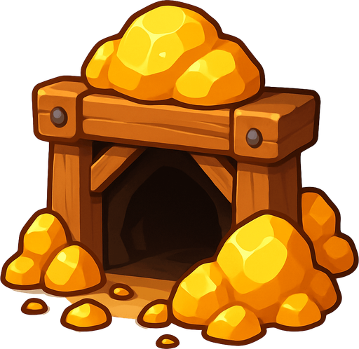 Crea un nodo de recurso de Mina de Oro en un estilo 2D renderizado, limpio y cartoonish, con contornos claros y definidos, colores vibrantes con transiciones suaves, y sombreado que dé volumen. Debe ser fácilmente reconocible como una fuente de oro..
In-Game asset.  2d.  High contrast.  No shadows