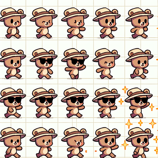 A spritesheet with a number of poses of a cartoonish bear cub with a sunshade, smiling, walking, waiting, standing, ordering, turning, etc. all seen from the side.The spritesheet should be laid out in a rectangular grid with clear space between each individual sprite. Each sprite in the sheet should be around 300x600 pixels in size..
Single Game Texture. In-Game asset. 2d. Blank background. High contrast. No shadows.